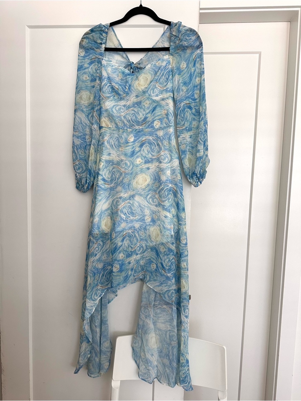 Brand New Blue Chiffon Backless Dress – Flowy Asymmetrical Hem